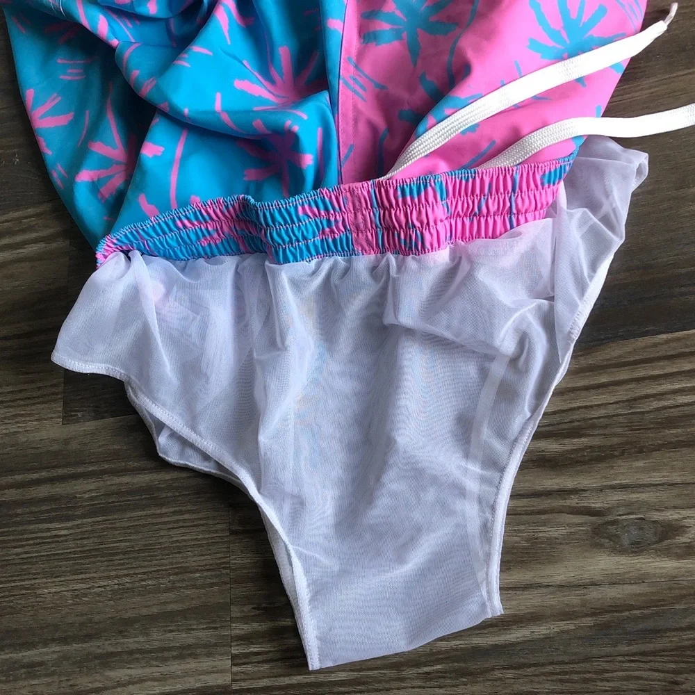 Chubbies Mens Palm Tree Print Swim Trunks Pink Blue Lined Small